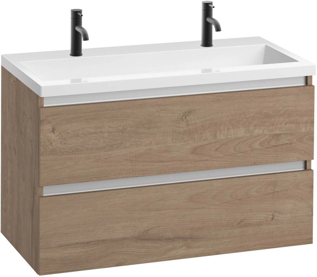 Saqu Gaia badmeubel incl. glans witte wastafel met 2 kraangaten 100x52x64cm toffee – aluminium greeplijst