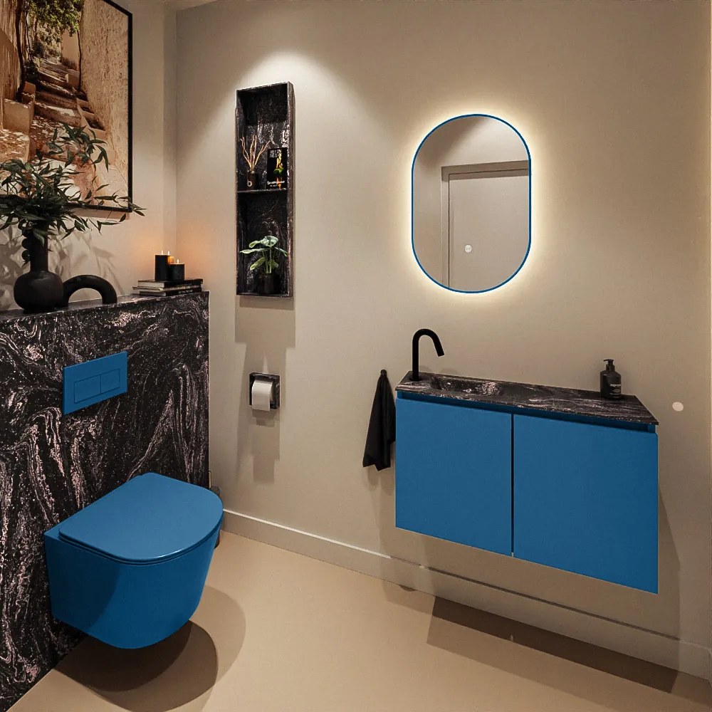 Mondiaz Ture DLux toiletmeubel 80cm jeans met wastafel lava links met kraangat