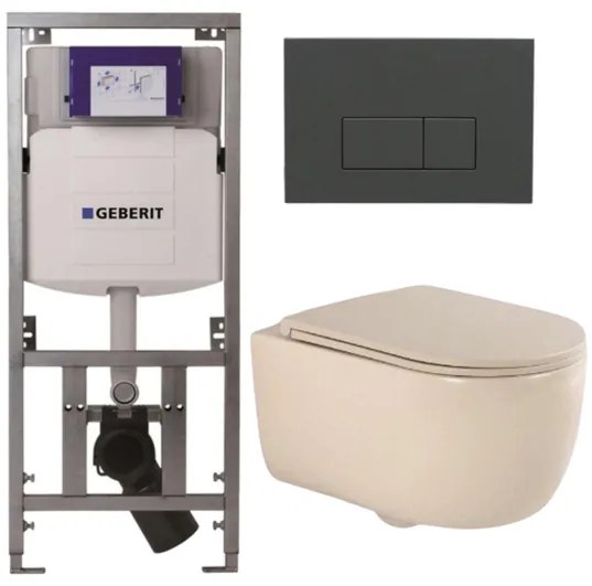 QeramiQ Dely Swirl Toiletset - 36.3x51.7cm - Geberit UP320 inbouwreservoir - met Burda frame - slimzitting - bedieningsplaat antraciet mat - rechthoekige knoppen - beige 0701131/SW1102377/SW1000770/SW1026259