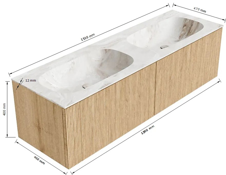 Mondiaz Kurve-dlux 150cm badmeubel oak met 2 lades en wastafel stor small dubbel 2 kraangaten frappe