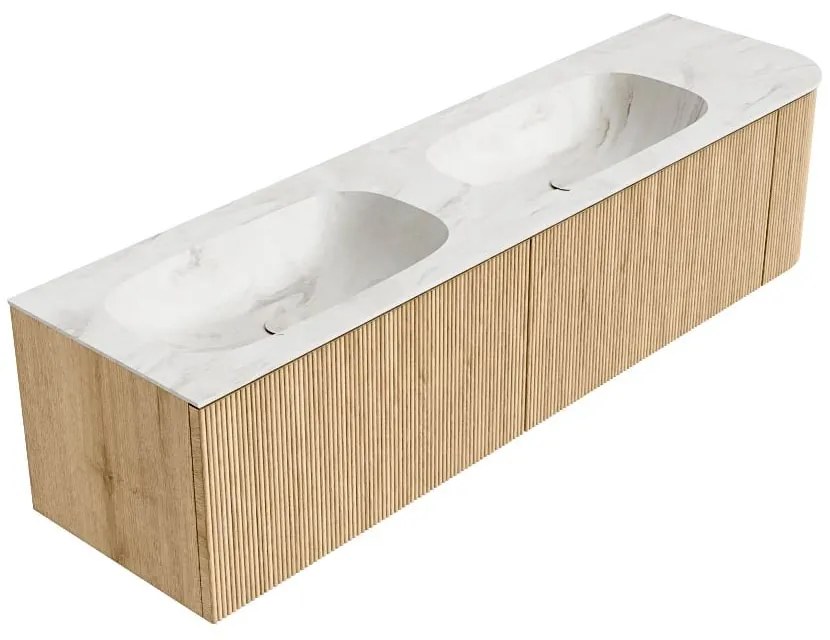 Mondiaz Kurve-dlux 175cm badmeubel ronding rechts oak met 2 lades en 1 deur en wastafel stor small dubbel/links 2 kraangaten ostra
