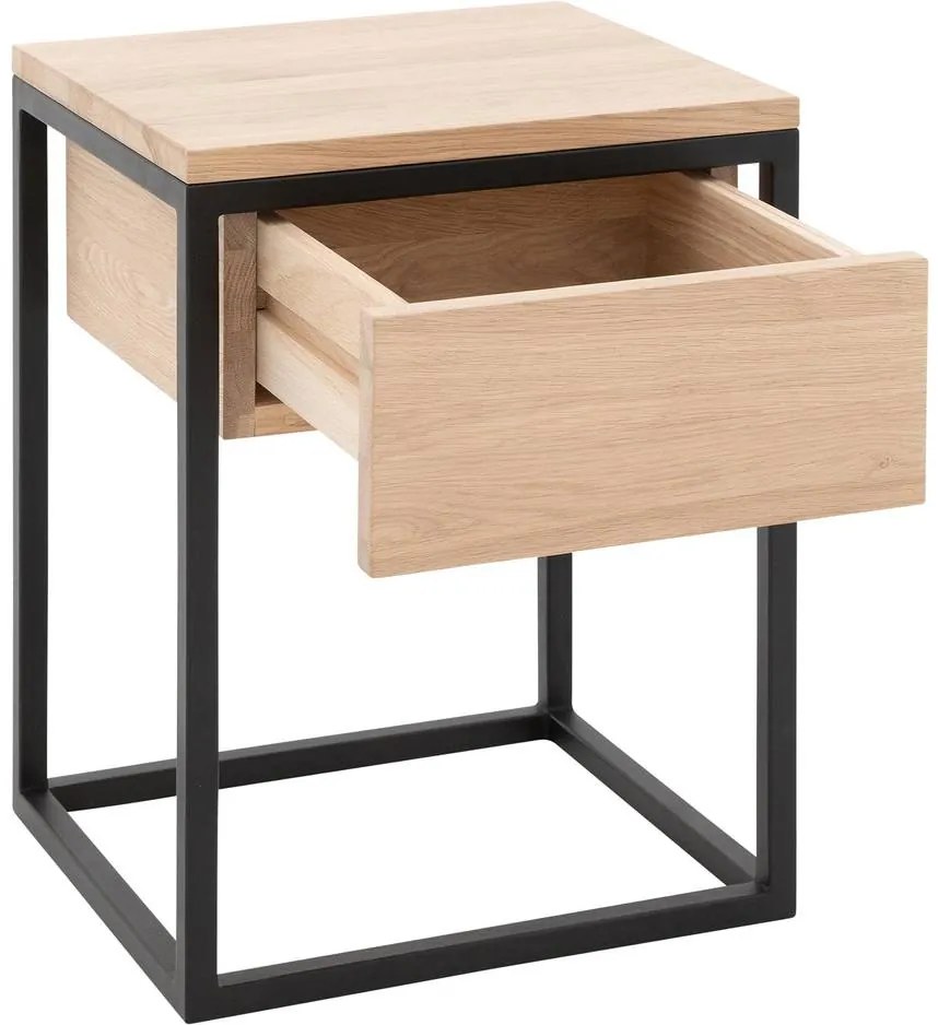 Goossens Nachtkastje Ord, Metaal ral 9005 zwart, met lade en bovenblad massief eik, 40 x 35 x 57 cm hoog