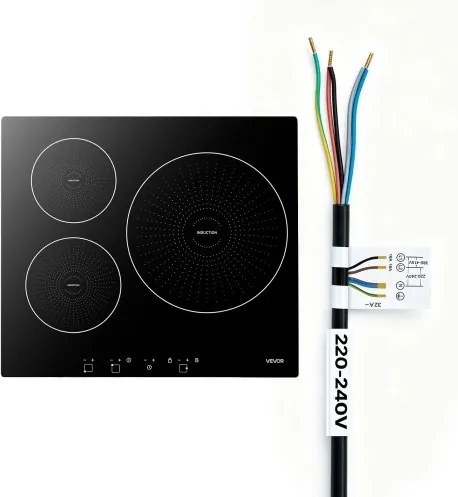 VEVOR 3-zone inductiekookplaat, inbouw inductiekookplaat, 6200 W, 9 vermogensniveaus, LED-touchscreen, glaskeramisch oppervlak en kinderbeveiliging, voor keuken en camper