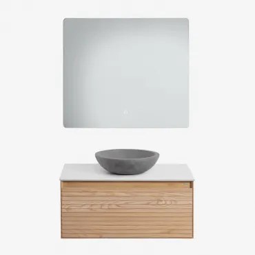 Tedrik Zwevend Badkamermeubelset 80x50 Cm In Essenhout Ash Brown & Rond Grijs Cement Ø40 Cm Tarsis & Rechthoekige Led En Anticondens 80x70 Cm Riben -