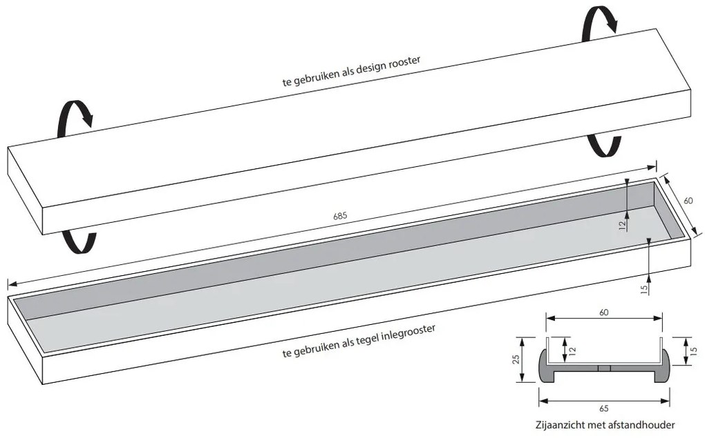 Brauer douchegoot 70x7cm met multifunctioneel rooster en muurflens geborsteld koper PVD