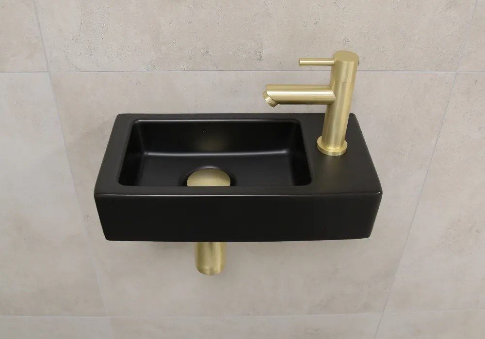 Mueller Mini Rhea 36x18x9cm zwarte fonteinset met kraan goud rechts