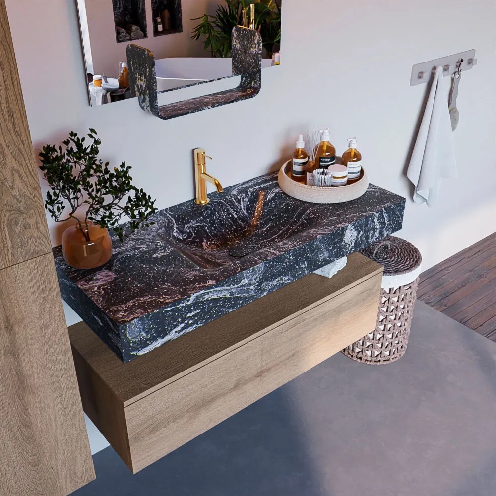 Mondiaz Alan DLux badmeubel 110cm washed oak 1 lade met wastafel lava midden 1 kraangat