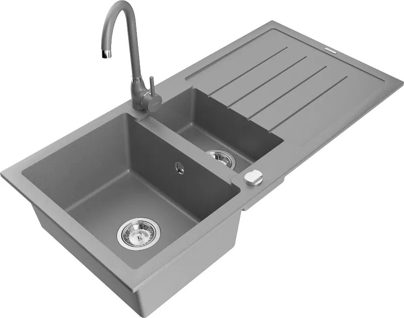 Mexen Andres granieten spoelbak, 1,5-komorige met afdruiprek en keukenkraan Telma, grijs - 6515-71-670200-71