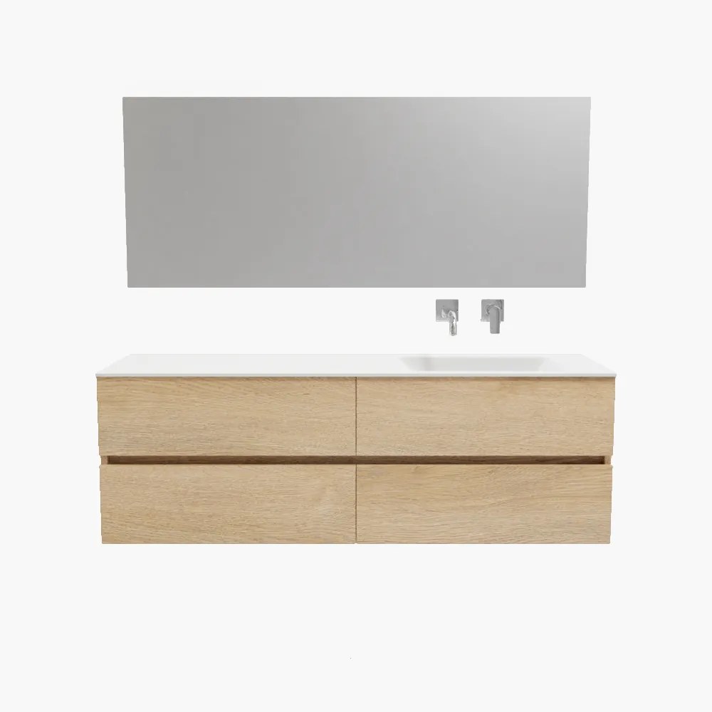 Zaro Valencia Solid Surface badmeubel 150cm licht eiken zonder kraangat spoelbak rechts met 4 lades