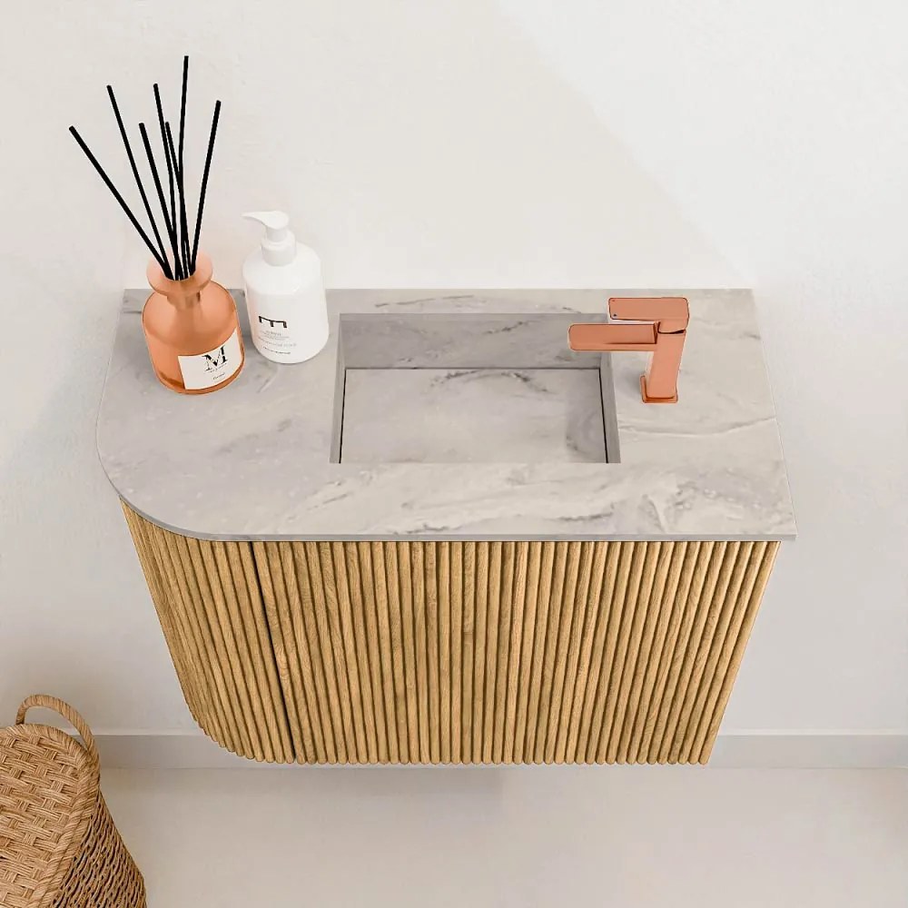 Mondiaz Joya DLux 50cm toiletmeubel ronding links oak met wastafel faye rechts 1 kraangat glace