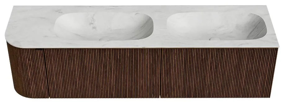 Mondiaz Kurve-dlux 165cm badmeubel ronding links walnut met 2 lades en 1 deur en wastafel stor small dubbel/rechts 2 kraangaten opalo