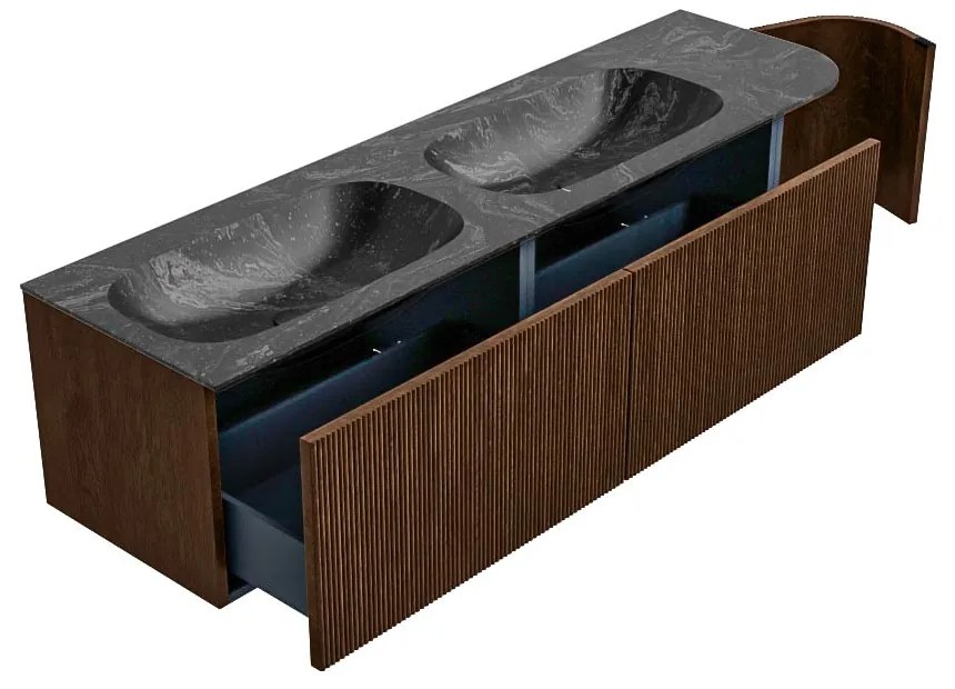 Mondiaz Kurve-dlux 165cm badmeubel ronding rechts walnut met 2 lades en 1 deur en wastafel stor small dubbel/links 2 kraangaten lava