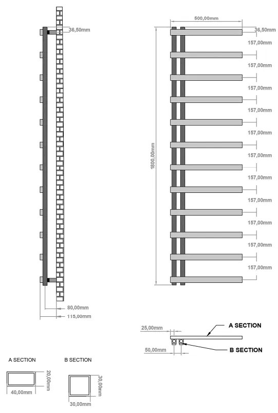 Eastbrook Platani handdoekradiator 50x180cm 703W antraciet