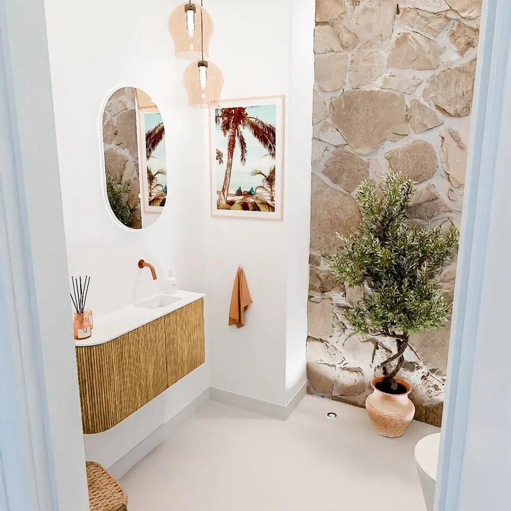 Mondiaz Joya 80cm toiletmeubel ronding links oak met wastafel faye rechts zonder kraangat talc