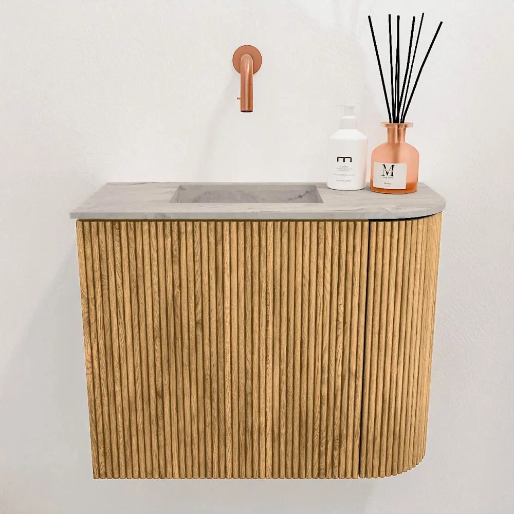 Mondiaz Joya DLux 50cm toiletmeubel ronding rechts oak met wastafel faye links zonder kraangat glace