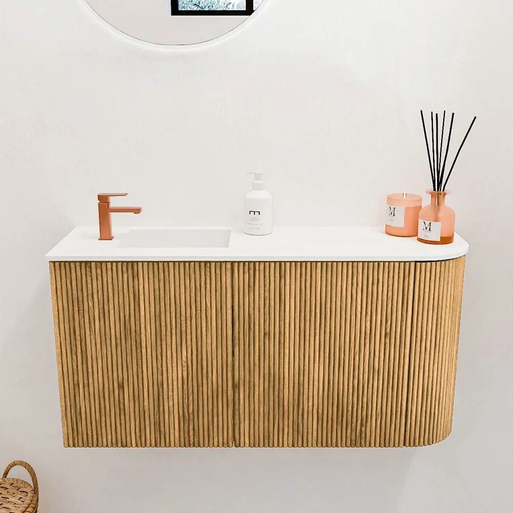 Mondiaz Joya 80cm toiletmeubel ronding rechts oak met wastafel faye links 1 kraangat talc