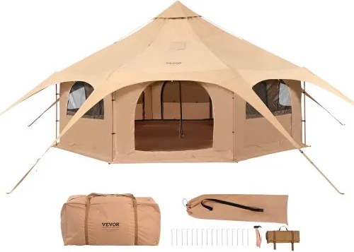 VEVOR Bell Tent 5 x 2,8 m Yurt Tent TC Katoen en stevige ijzeren stokken met een grondzeil van Oxford-stof Kampeertent Familietent 8 ramen Groepstent voor buitenavonturen