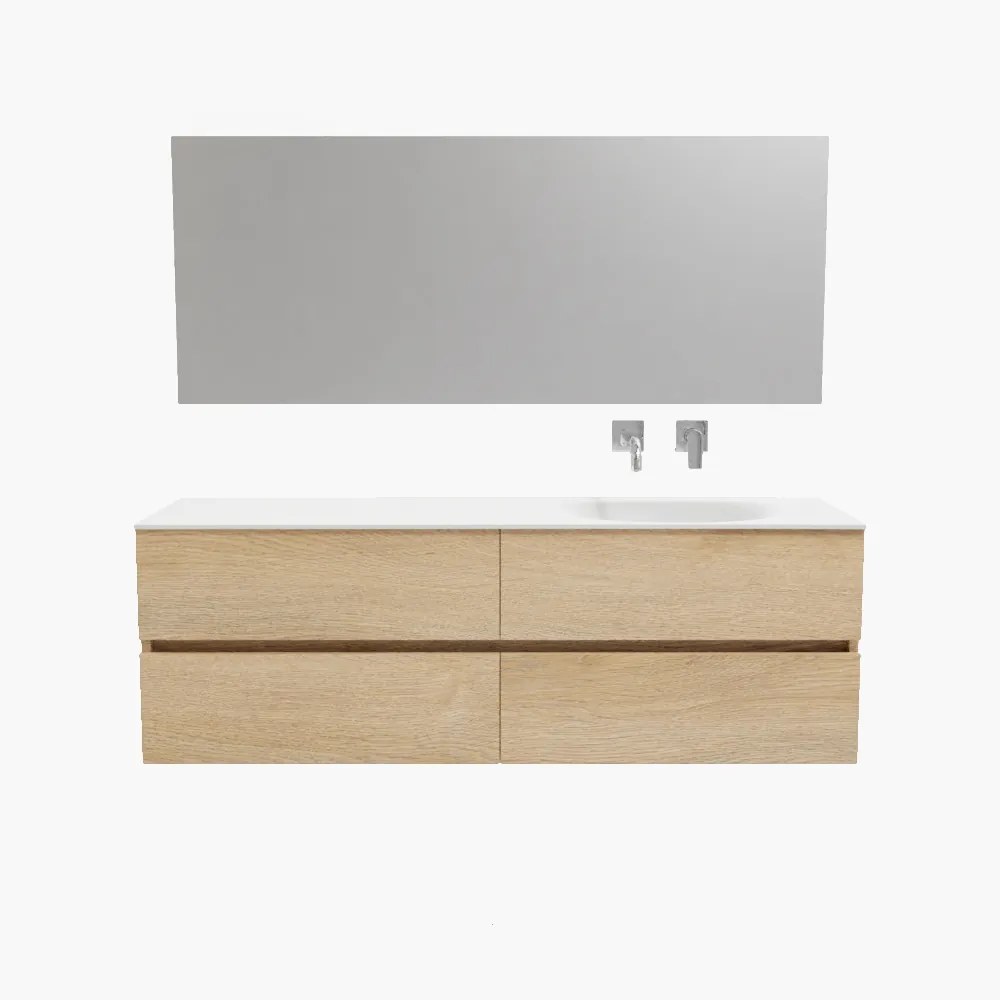 Zaro Sevilla Solid Surface badmeubel 150cm licht eiken zonder kraangat spoelbak rechts met 4 lades