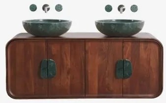 Dubbel Zwevend Badkamermeubelset 130x45 Cm Van Mangohout En Natuurlijke Kivalina-steen Groen Marmer Uit Udaipur - Donker Mangohout & 2 X Onde Groene -