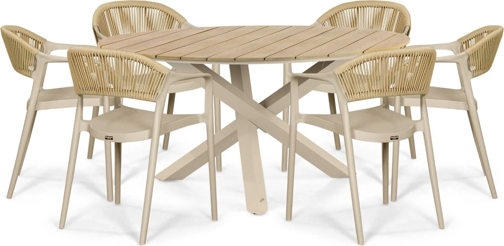 Tuinset Ronde Tuintafel 6 personen 150 cm Kunststof Taupe  Domani Furniture Toscano/Ancona