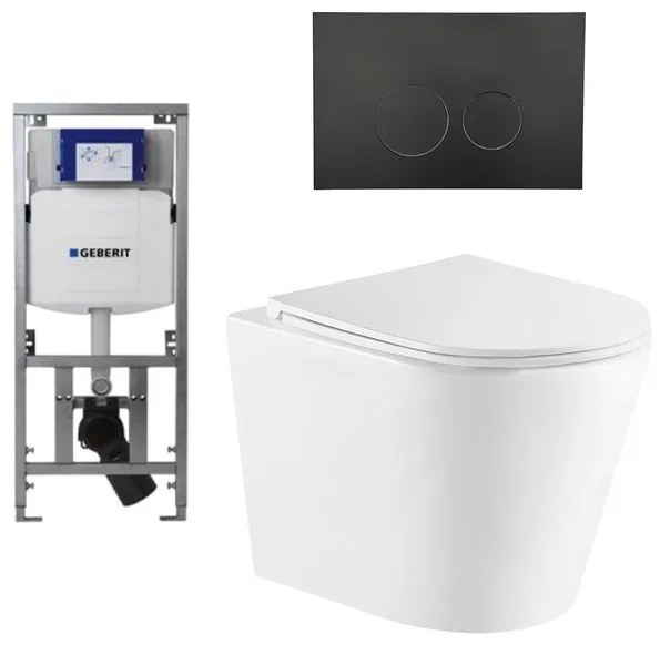 QeramiQ Dely Toiletset - 36.3x51.7cm - diepspoel - rimless - Geberit UP320 Burda inbouwreservoir - softclose toiletzitting - mat zwarte bedieningsplaat - ronde knoppen - wit mat SW1000766/0701131/SW706188/SW1026254