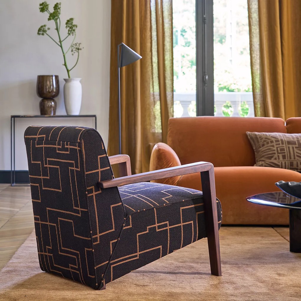 Fauteuil van massief notenhout, wol en polyester, Sanami
