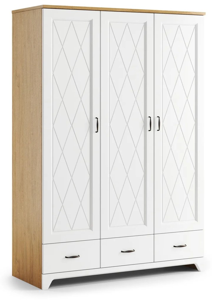 Kast PROVENZA SZD3SZ3 Eiken Steen/Wit Mat - RETRO 3-DEURS KLEERKAST MET LADE, LEGPLANK EN KLEDINGSTANG