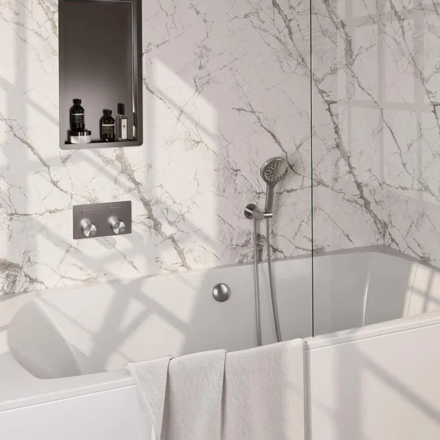 BRAUER Stripe Thermostatische Badkraan - drukknoppen - SET 04 - inbouw - badvulcombinatie - 3-standen handdouche - doucheslang - wandaansluitbocht - RVS-kleurig geborsteld PVD 5-NG-362
