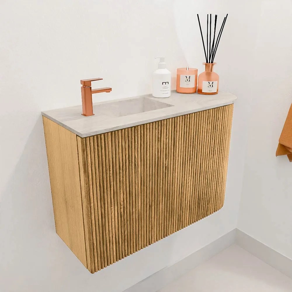 Mondiaz Joya DLux 60cm toiletmeubel ronding rechts oak met wastafel faye links 1 kraangat ostra
