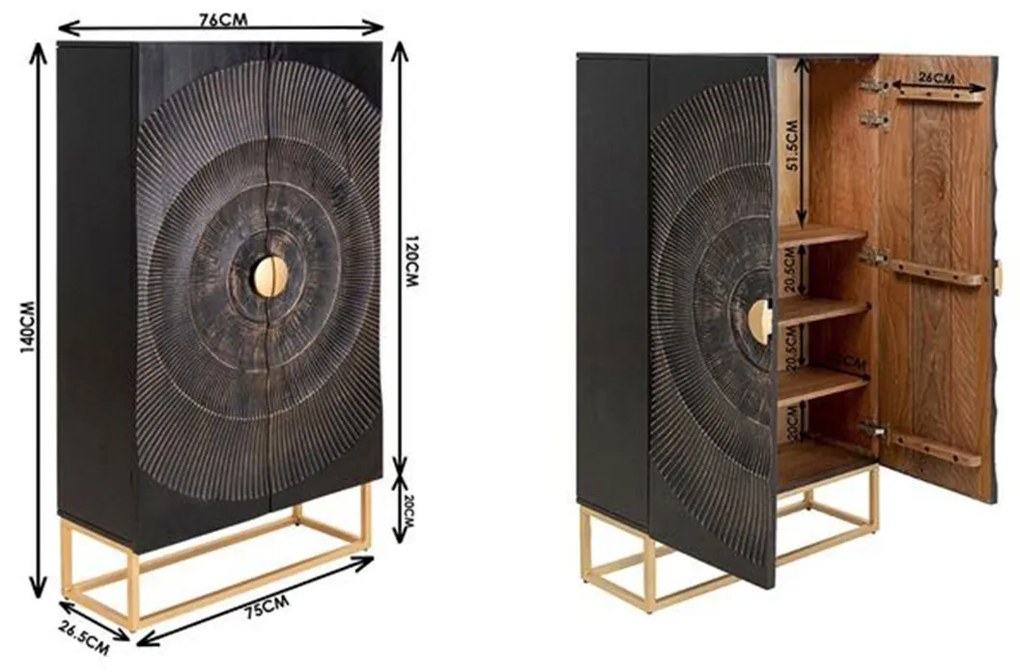 Unieke Kast Zwart Hout Met Goud - 76x30x140cm.