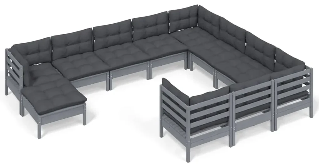 vidaXL 11-delige Loungeset met kussens grenenhout grijs
