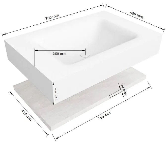 Zaro Alan badmeubel 70cm met planchet washed oak en vrijhangende wastafel cloud midden zonder kraangat urban