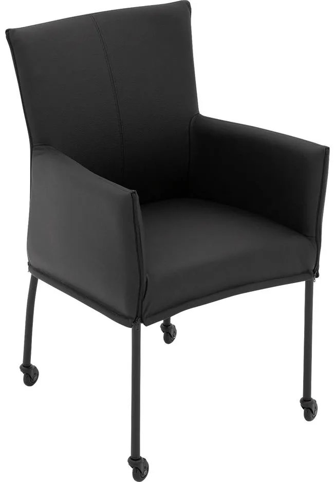 Goossens Eetkamerstoel Funk Zwarte Poten zwart leer met armleuning en Zwart skater wiel met zwarte kapmet wielen, modern design