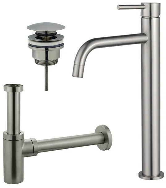 Fortifura Calvi Slim Wastafelkraanset - verhoogde wastafelkraan - klikwaste plug - design sifon - Geborsteld RVS PVD (RVS) SW377859/SW696201/SW696212
