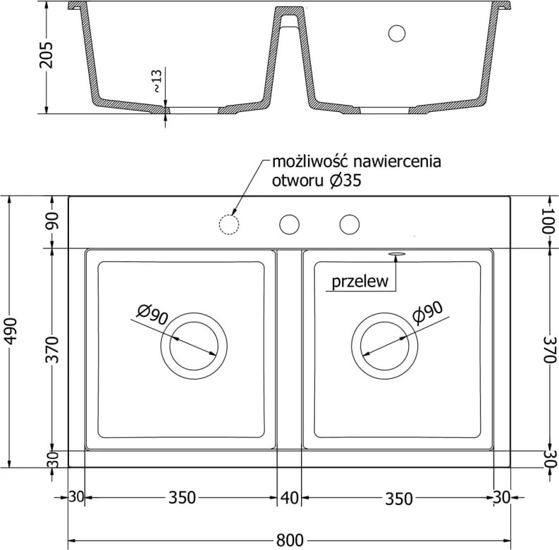 Mexen Hektor granieten gootsteen 2-kamer 800 x 480 mm, wit, chrom sifon - 6521802000-20