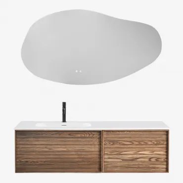 Solea Houten Badkamermeubelset Met Geïntegreerde Wastafel Natuurlijk Hout & Oval Led And Antifog 140x75 Cm Jynox & Zwart ↑20 - Sklum