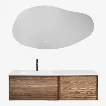 Solea Zwevend Houten Badkamermeubelset Met Geïntegreerde Wastafel Ash Brown & Onregelmatige Led En Anti-condens 140x75 Cm Riben & Zwart - Sklum