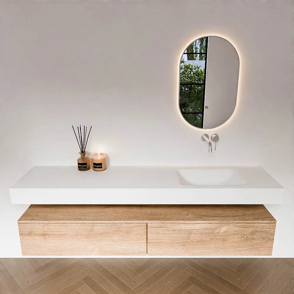 Zaro Alan badmeubel 190cm washed oak 2 lades met vrijhangende wastafel cloud rechts zonder kraangat talc