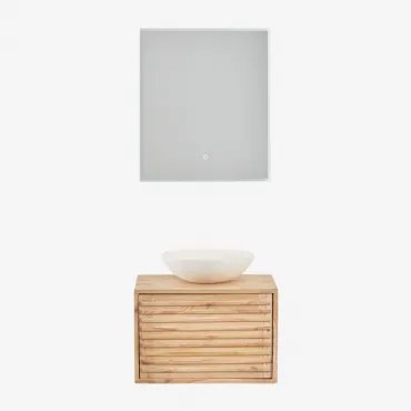 Deleyna Wandgemonteerde Houten Badkamermeubelset Natuurlijk Hout & Rond Cement Wit Ø40 Cm Zavion & Rechthoekige Led En Anticondens 60x70 Cm Tamsin -