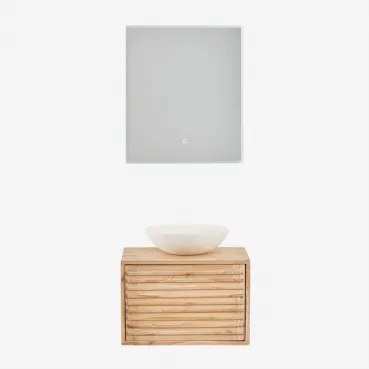 Hangend Badkamermeubelset 60x45 Cm In Hout Deleyna Natuurlijk Hout & Rond Cement Wit Ø40 Cm Zavion & Rechthoekige Led En Anticondens 60x70 Cm Riben -