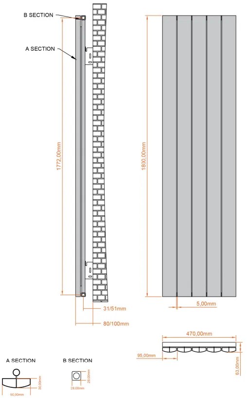 Eastbrook Tordino radiator 45x180cm aluminium 1432W grijs mat