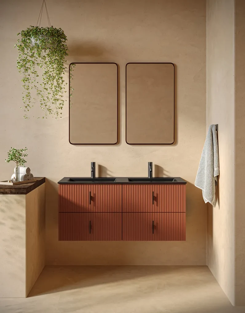 Muebles Marbella badmeubel ribbelfront 120cm terracotta met zwarte wastafel met kraangat