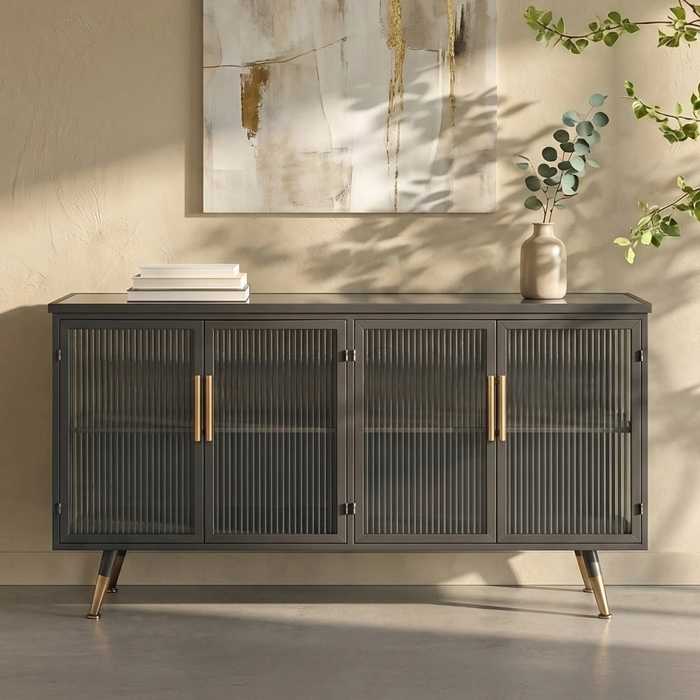 Dressoir Zwart Met Ribbelglas - 120x35x75cm.