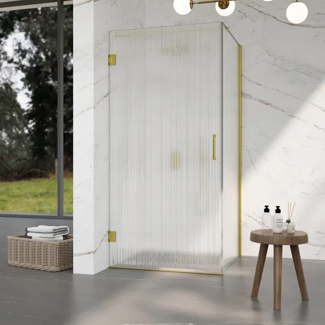 Fortifura Galeria Douchecabine - 90x90x200cm - scharnieren - deurgreep - stabilisatiestang - helder geribbeld - veiligheidsglas - Geborsteld messing PVD (Goud) SW1208821/SW1122564/SW797910/SW797951
