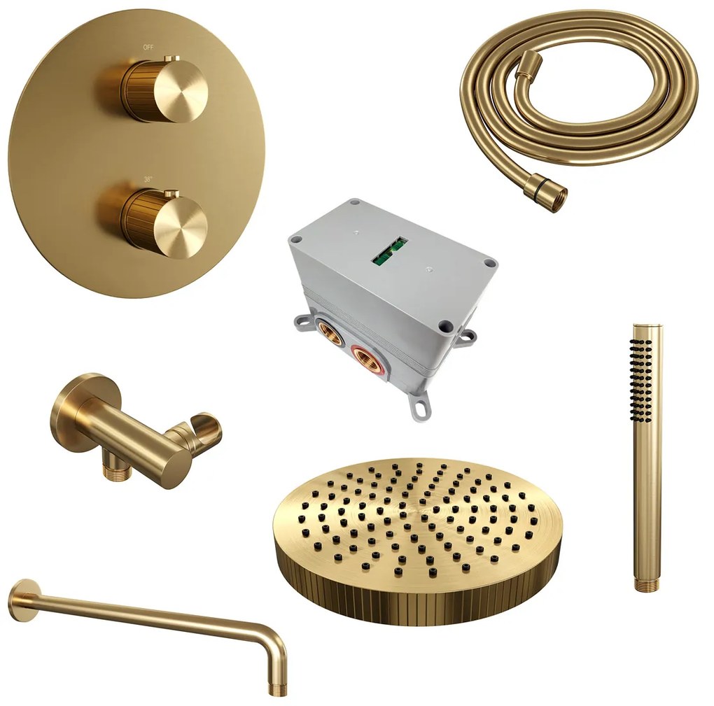Brauer Stripe inbouw regendouche rond met 25cm hoofddouche, gebogen muurarm en staafhanddouche set 38 messing geborsteld PVD