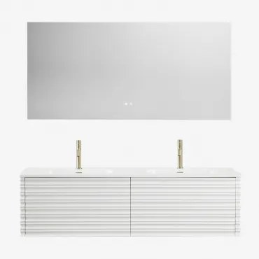 Conjunto Vaniteit Hangend 160x50 Cm In Hout Met Geïntegreerde Waskommen Noura Wit & Rectangular Led And Antifog 160x75 Cm Riben & 2 X - Sklum
