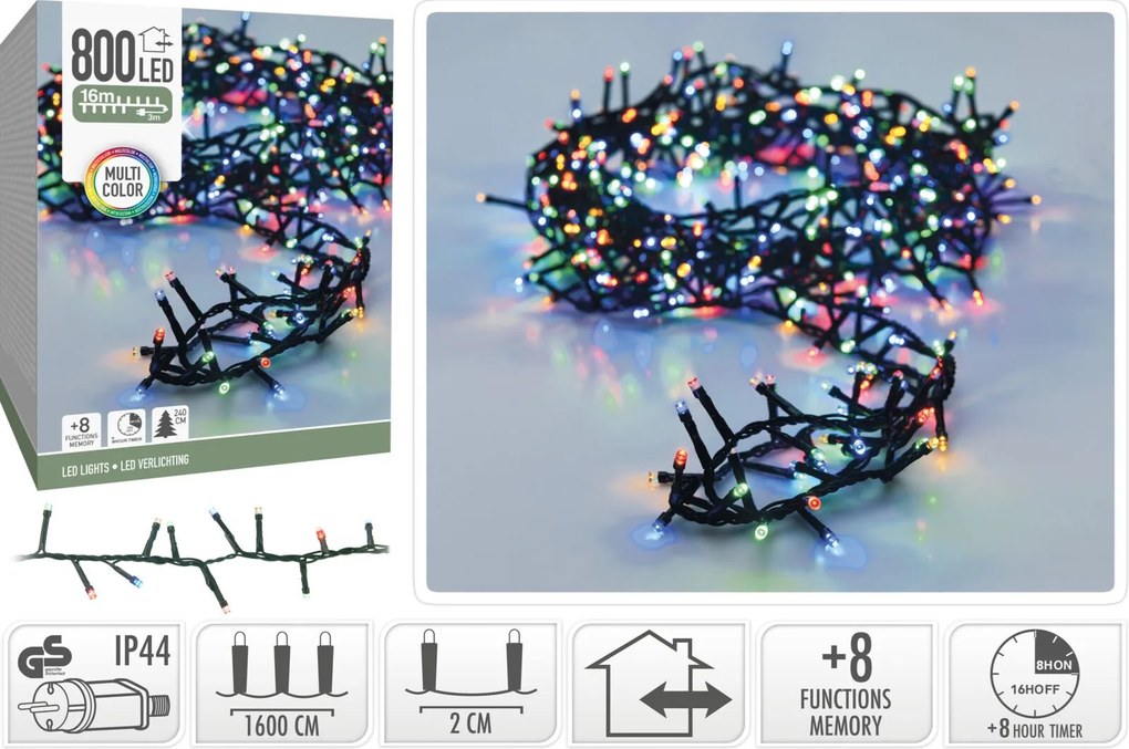 Feeric Microcluster LED Kerstverlichting – 16 m – 800 LED lampjes – multicolor – timer &amp; geheugen – binnen &amp; buiten