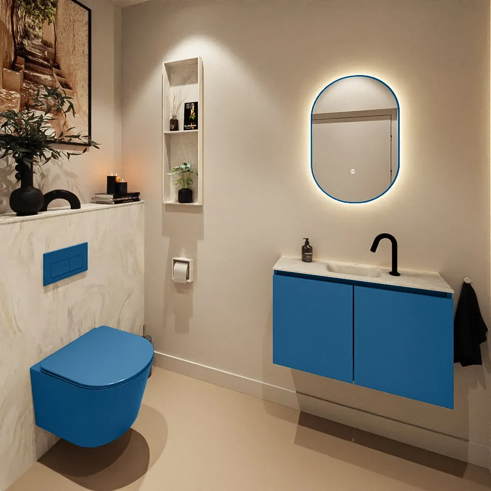 Mondiaz Ture DLux toiletmeubel 80cm jeans met wastafel ostra midden met kraangat
