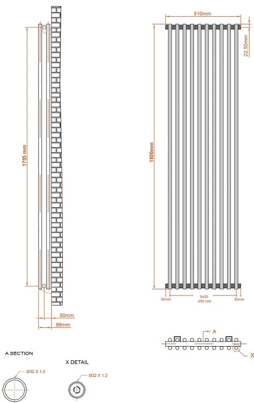 Eastbrook Murano radiator 50x180cm 1667W grijs mat