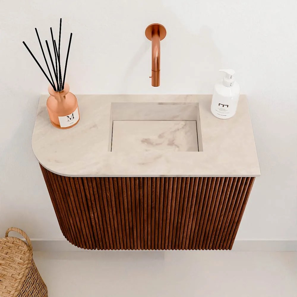 Mondiaz Joya DLux 50cm toiletmeubel ronding links ruby met wastafel faye rechts zonder kraangat frappe